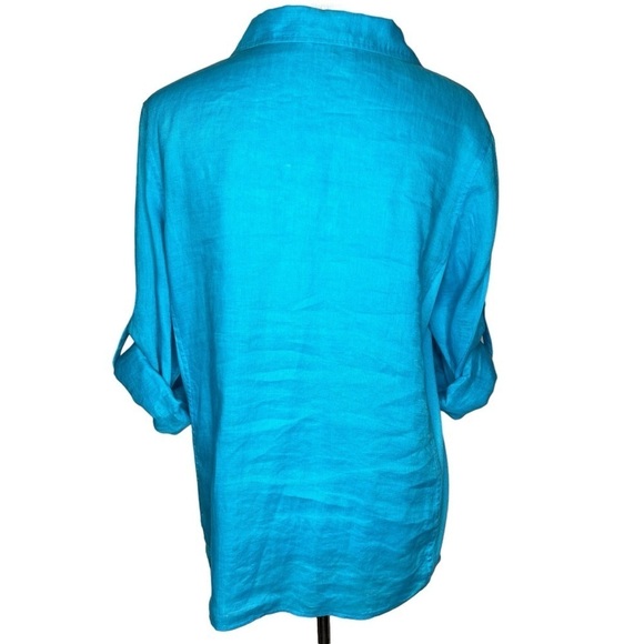 Calvin Klein Teal Blue 100% Linen Long Roll Tab Sleeve Button Up Shirt Size 1X - Picture 3 of 14